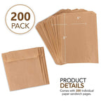 Paper Sandwich Bags Kraft Brown (200 Pack), Food Grade Unbleached Kraft Paper for Bakery, Cookies, Treats, Snacks, Sandwiches