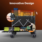 Double Decker Wagon with Retractable Mesh & Tailgate - 560Lbs Load Heavy Duty Foldable Collapsible Wagon Cart with Wheels for Camping, Groceries, Sports (Black)