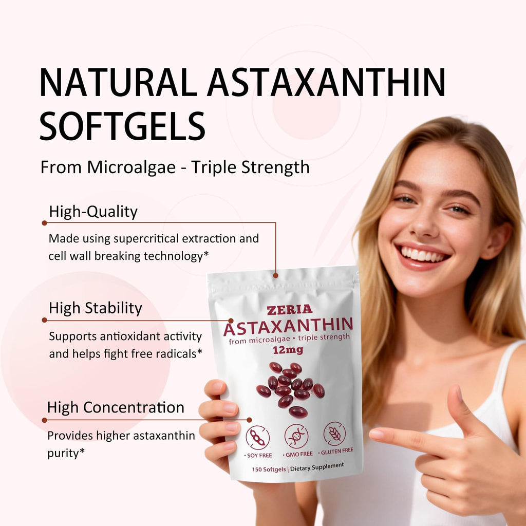 ZERIA Astaxanthin 12mg, 150 Softgels - Natural Microalgae Antioxidant for Eye, Skin & Immune Support, 4-Month Supply(1pcs)