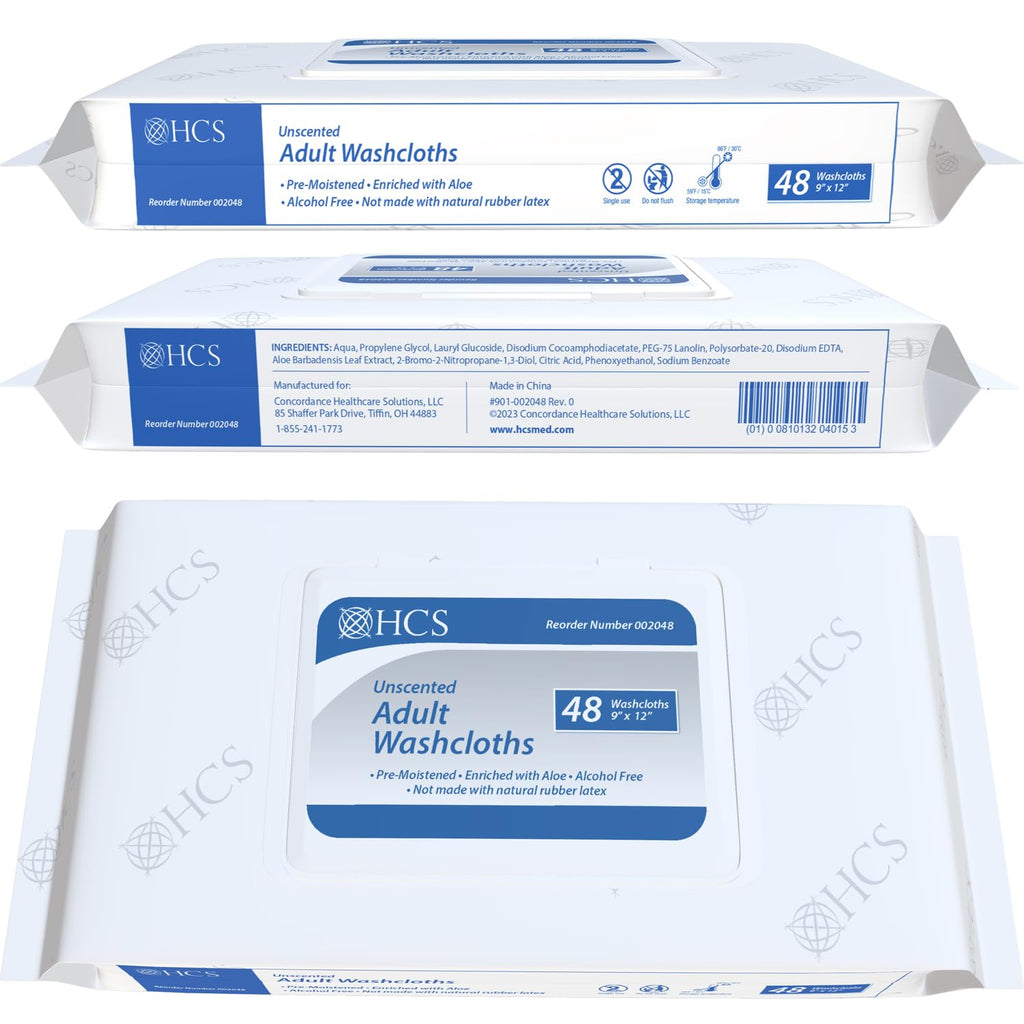 HCS Extra Large Adult Wipes - Elderly, Incontinence - (288) Body Wipes for Adults, Bathing, No Rinse - Cleansing Bath Wipe, Shower - Wet Disposable Washcloths, Aloe, Unscented - 9"x12", 6 Packs of 48