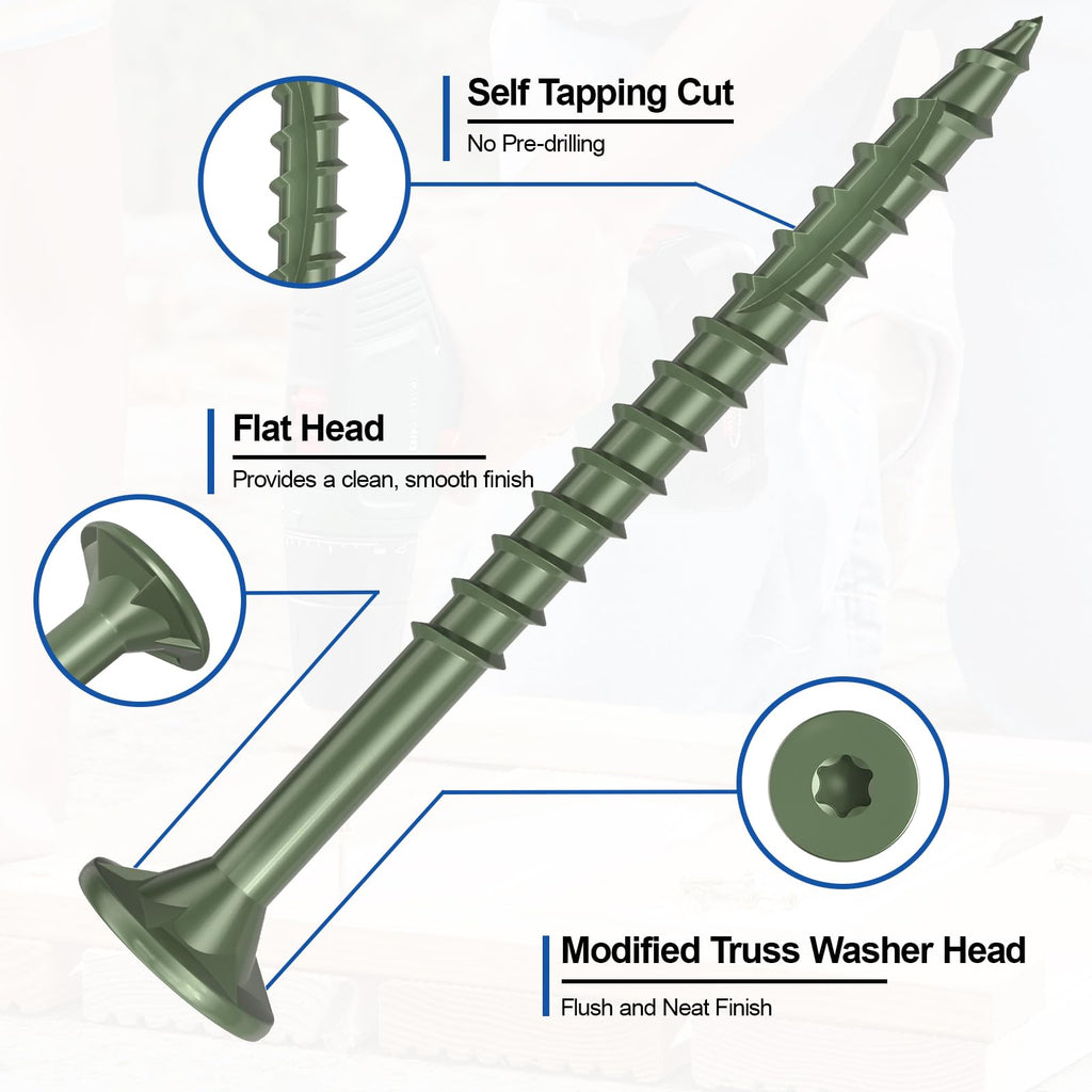 #8 x 2” Deck Screws, 100Pcs Star Drive Wood Screws, Rust Resistant Timber Screws for Timber/Log/Landscaping Wood, T20 Star Bit Included, Green