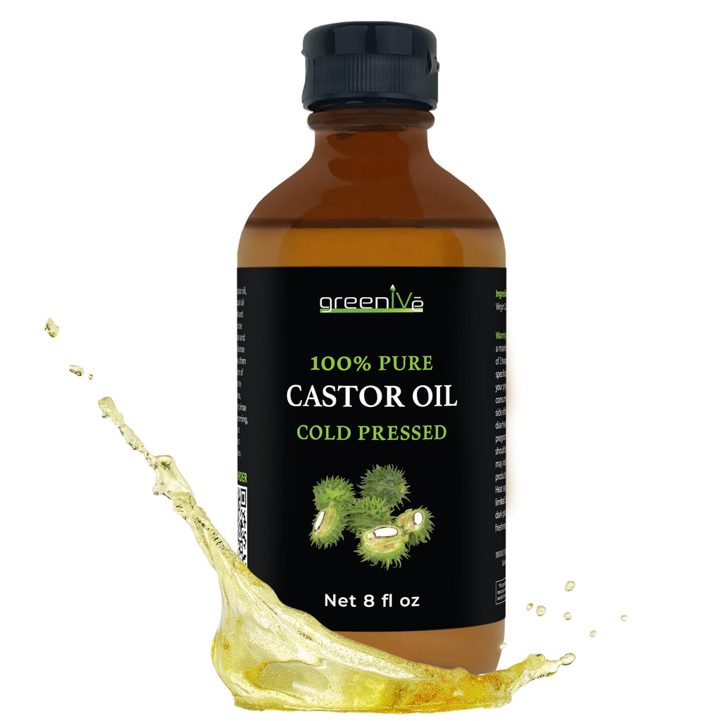 GreenIVe 100% Pure Castor Oil – Cold-Pressed, Hexane-Free – Hair, Eyebrows, Eyelashes, Skin Moisturizer, Castor Pack Wrap Oil GLASS Bottle (8 Fl Oz)