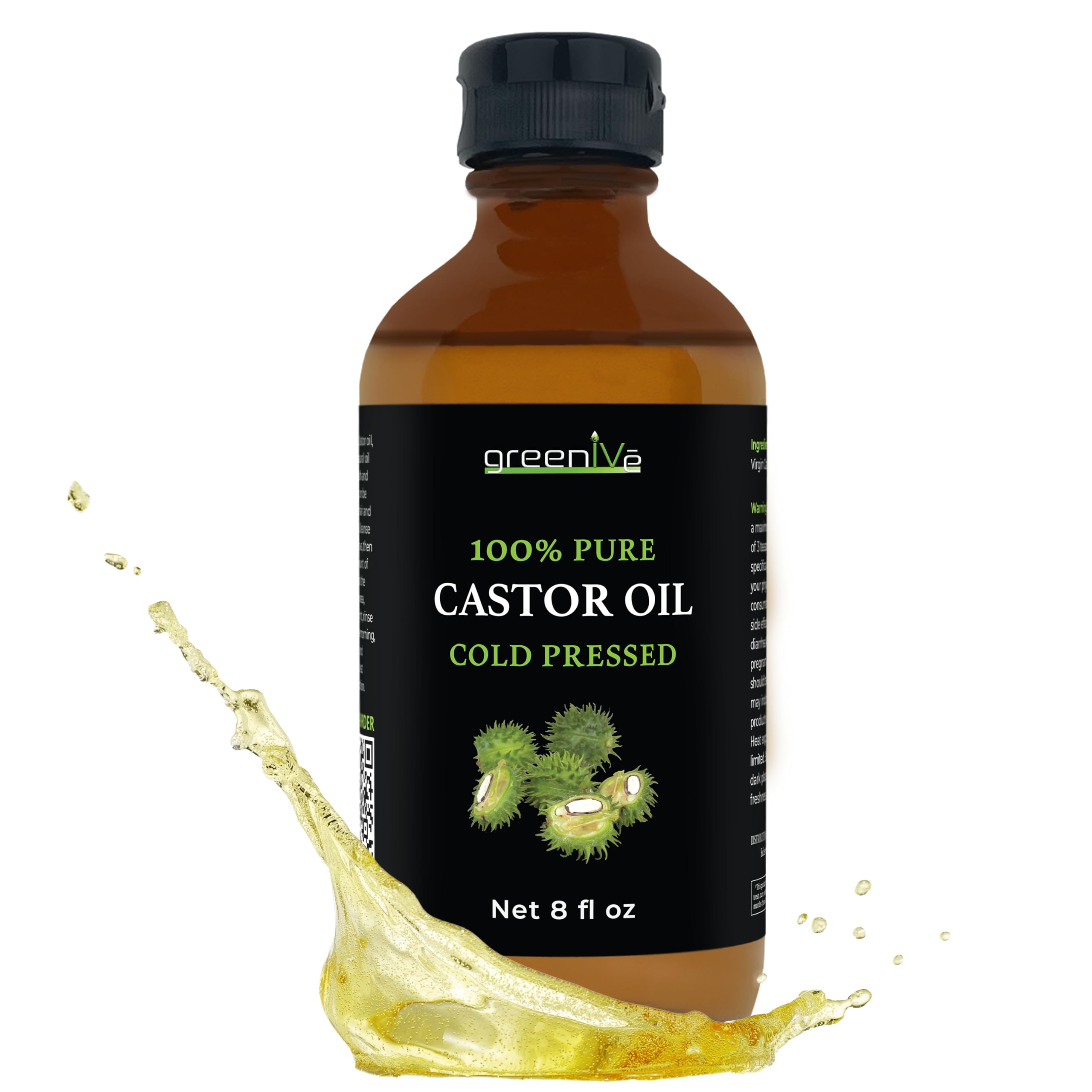 GreenIVe 100% Pure Castor Oil – Cold-Pressed, Hexane-Free – Hair, Eyebrows, Eyelashes, Skin Moisturizer, Castor Pack Wrap Oil GLASS Bottle (8 Fl Oz)