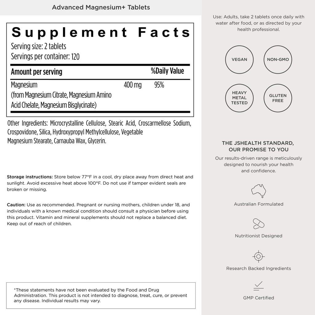 JSHealth Magnesium Supplement for Sleep. 400mg Triple-Form Glycinate, Citrate, Amino Acid Chelate. By Nutritionist Jessica Sepel (120 Tablets)
