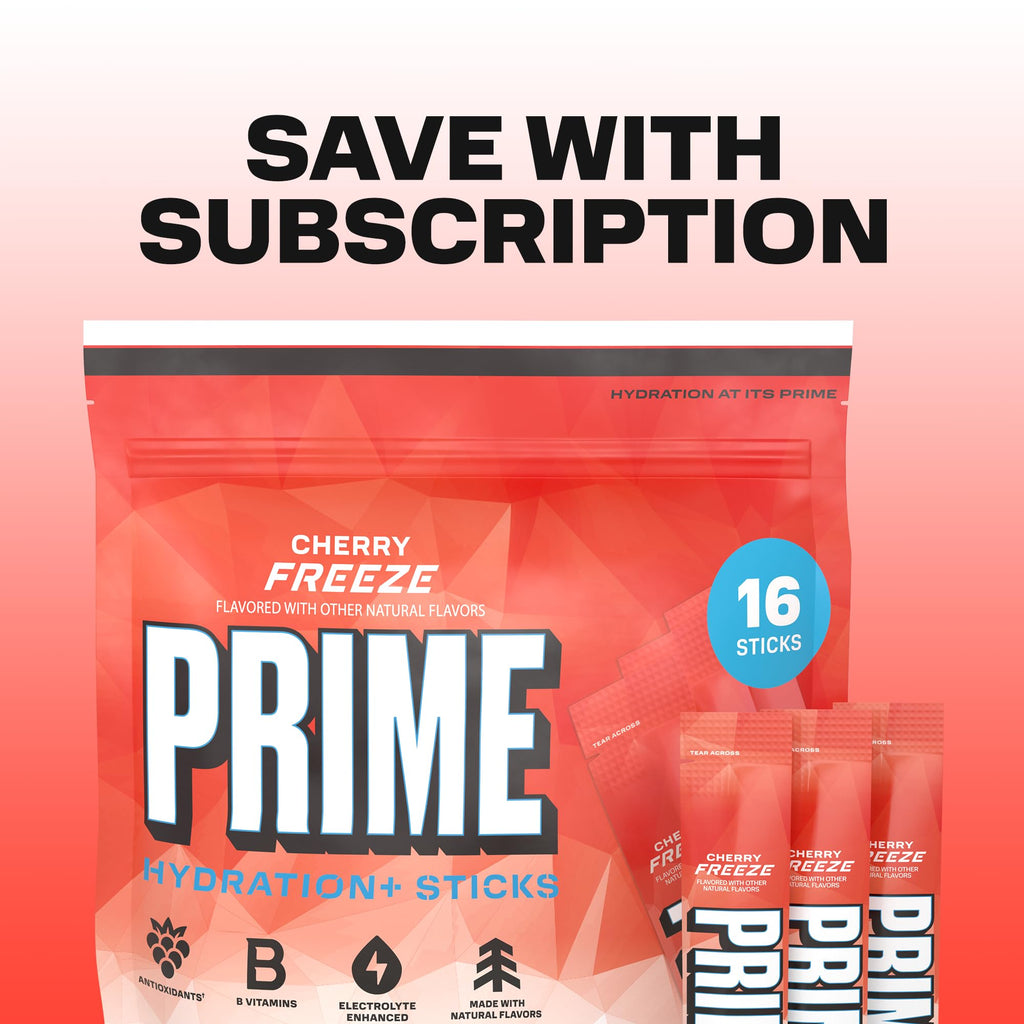 PRIME HYDRATION+ Electrolyte Powder Sticks, Strawberry Banana, Sugar Free Hydration Drink Mix with Potassium, Magnesium & B Vitamins to Replenish Fluids, Caffeine Free, 16 Count