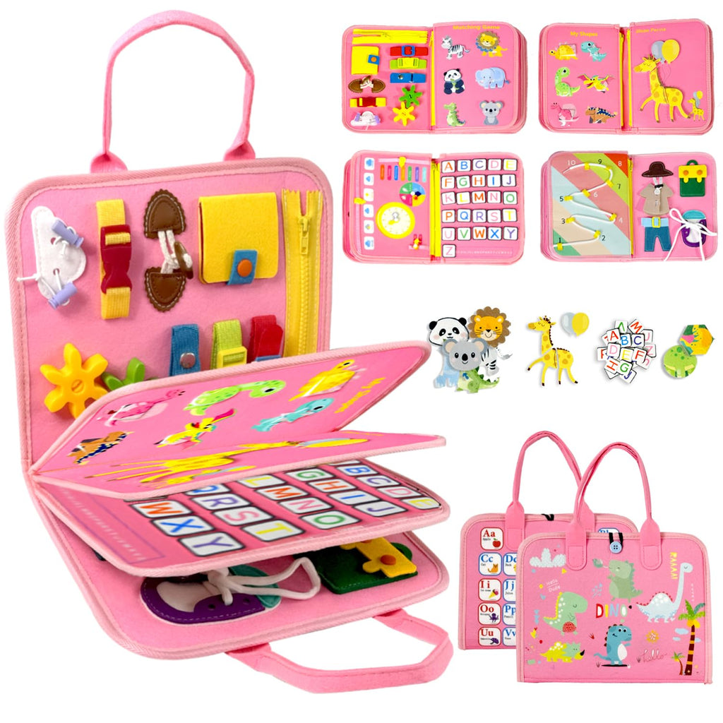 Qizfun Busy Board Book Montessori Toys for 1 2 3 4 Year Old, Girl Birthday Gifts, Educational Sensory Learning Toy for Toddlers 1-3, Car Airplane Travel Activities Toys for Kids Ages 2-4 Year Old