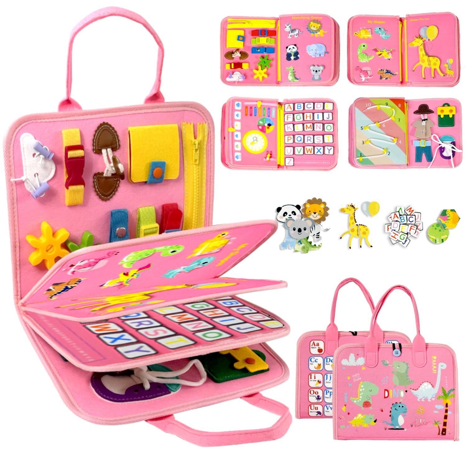 Qizfun Busy Board Book Montessori Toys for 1 2 3 4 Year Old, Girl Birthday Gifts, Educational Sensory Learning Toy for Toddlers 1-3, Car Airplane Travel Activities Toys for Kids Ages 2-4 Year Old