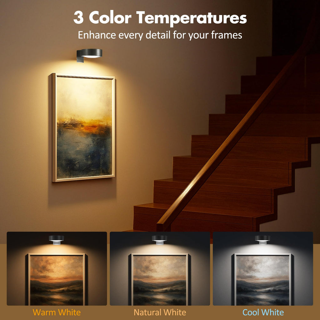 3Pcs Picture Lights for Wall Battery Operated, Magnetic Led Painting Light with Remote Dimmable and Timer, 3 Lighting Modes Art Display Light for Picture Frame, Wireless Wall Decor Puck Lights, Black
