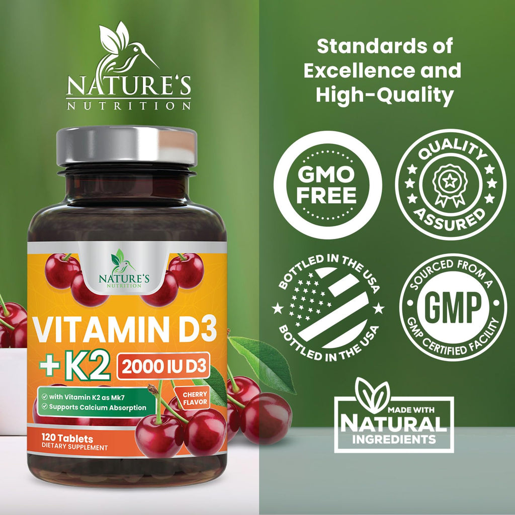 Vitamin D3 2000 IU 50mcg Per Serving - Vitamins D & K2 (MK7) Complex Supplement for Bone, Teeth, Muscle, Calcium Absorption, Supports Immune & Heart Health, Chewable Formula USA Bottled - 120 Tablets