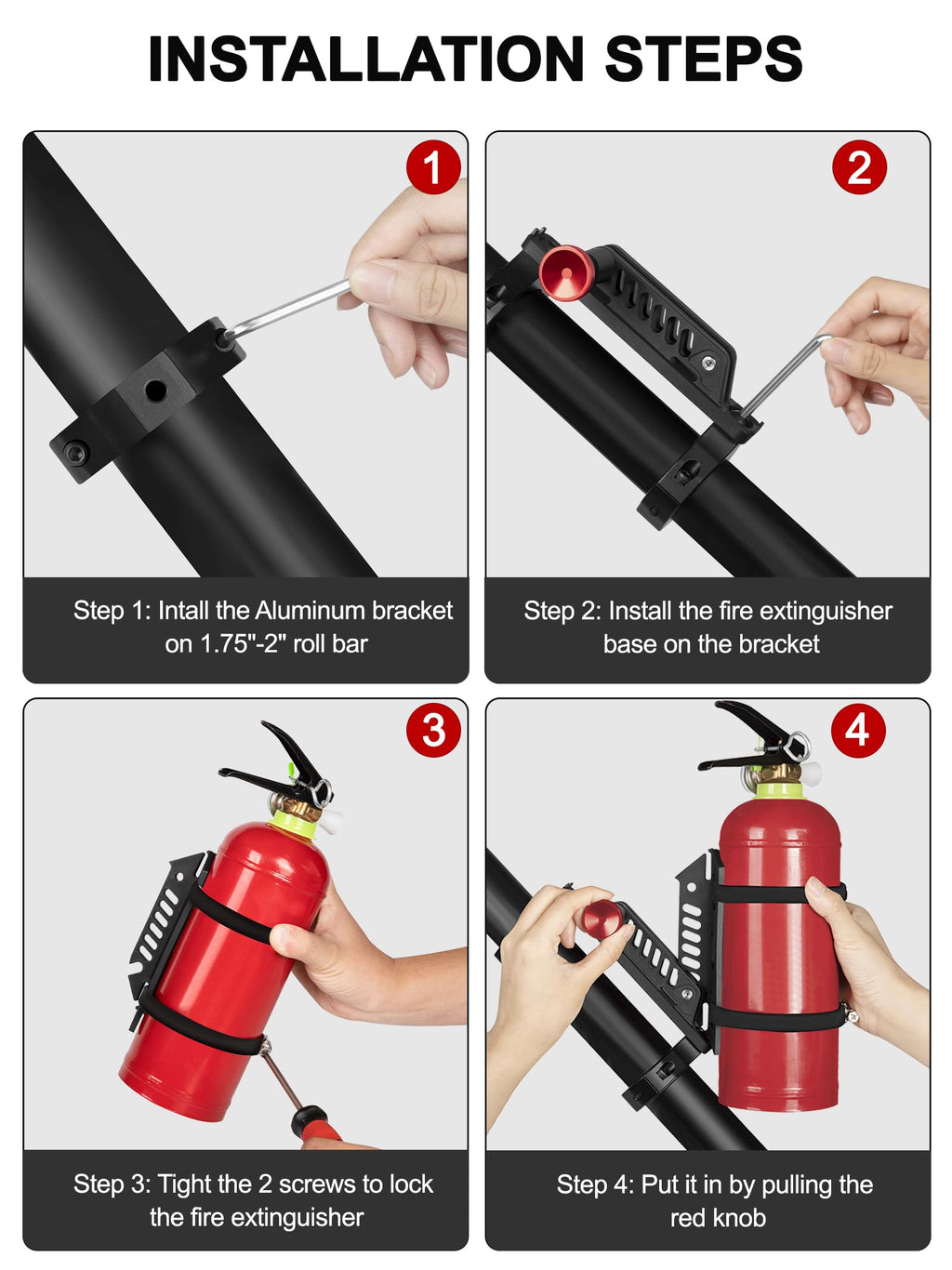 Quick Release UTV Fire Extinguisher Mount Kits, Adjustable Roll Bar Fire Extinguisher Holder Bracket Easy Install on 1.75"-2" Roll Cage, Compatible with Polaris RZR/Can Am X3/Jeep Wrangler