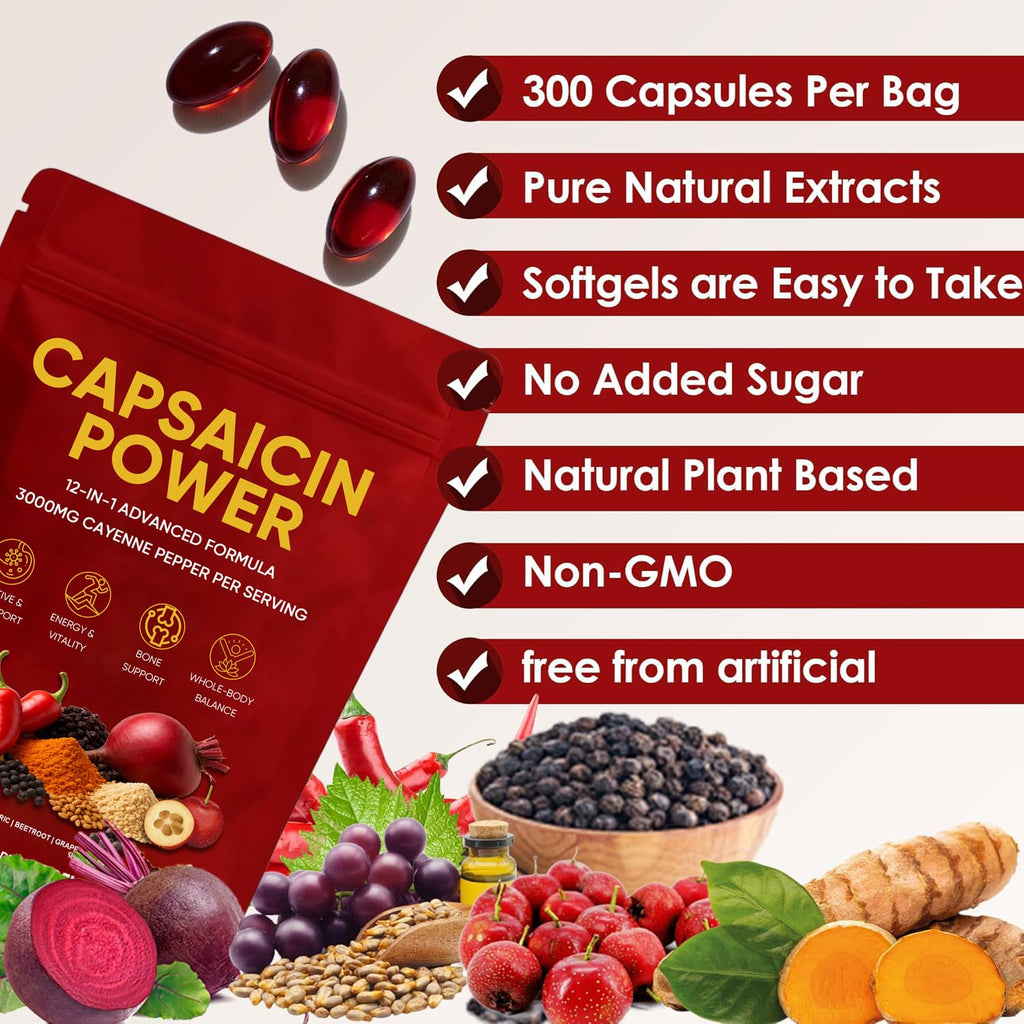 GXSAE Capsaicin Power - Cayenne Pepper Softgels Supplement, Supports Leg Vein, Digestive & Gut Health, with Vitamin D3+K2, Beetroot, Grape Seed and Other Extracts, 300 Capsules (1)