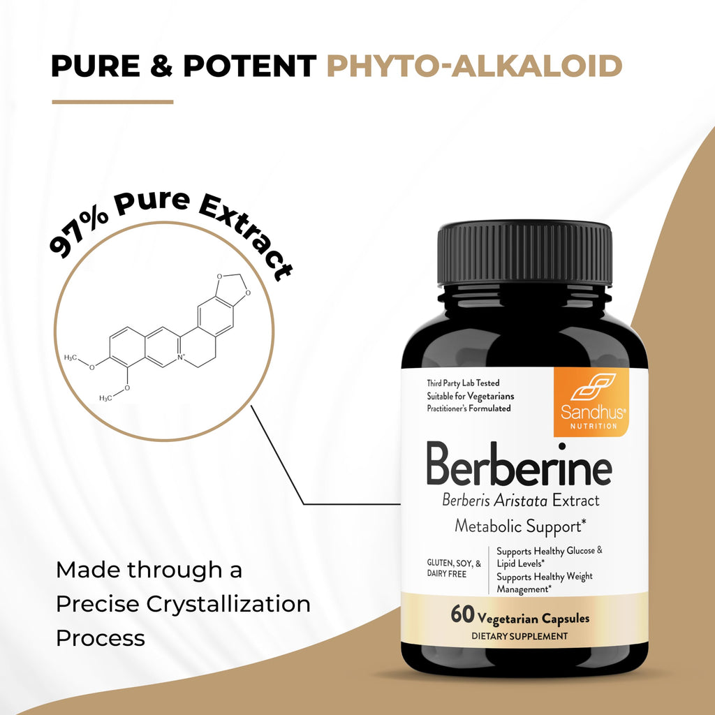 Sandhu's Berberine HCL Supplement 500mg per capsule with 97% Pure Berberis Aristata Extract| 60 count| Supports Weight Management & Healthy Energy levels| Made in USA, Vegetarian, Non-GMO, Gluten Free
