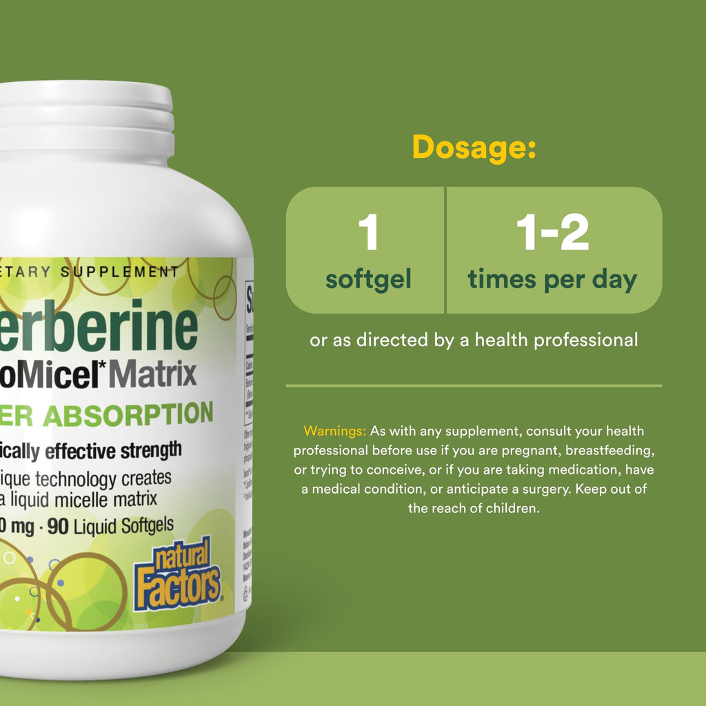 Natural Factors Berberine LipoMicel Matrix - Daily Supplement Supports Metabolic Health - Formula Supports General Health - Gluten-Free & Dairy-Free - 90 Liquid Softgels (90 Servings)