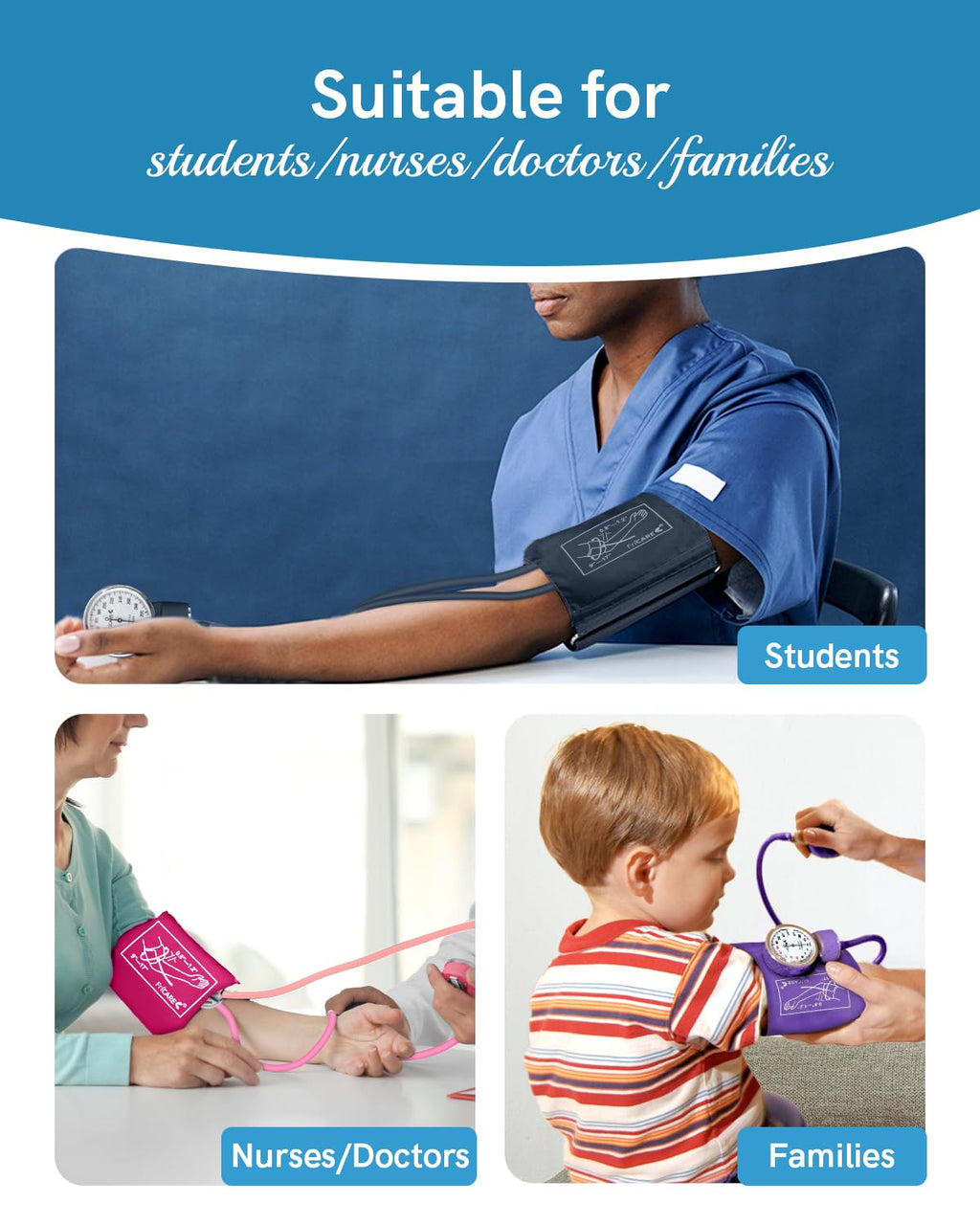 FriCARE Manual Blood Pressure Cuff for Nursing Students, Aneroid Sphygmomanometer for BP Monitoring, Home & Medical School Essentials with Carrying Case, Universal Adult Size, Blue
