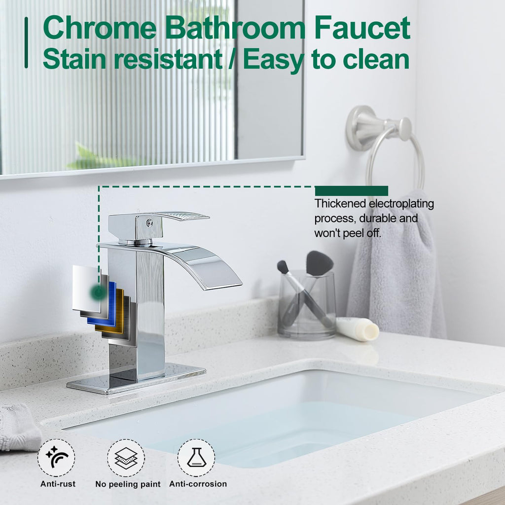VOTON Chrome Bathroom Faucets Waterfall Bathroom Sink Faucet Modern Single Handle Bathroom Faucet for 1 or 3 Holes with Deck Plate and Pop-Up Drain, Rv Sink Camper Farmhouse Bathroom Faucet