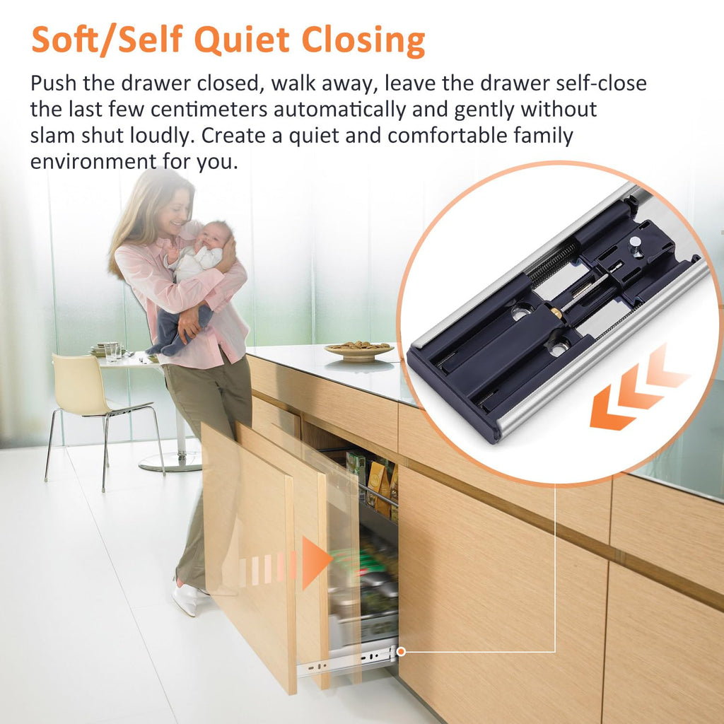 REGUDA Soft Close Drawer Slides Ball Bearing 3 Folds Full Extension Side Mount Cabinet Runners Glides Rails Track 100 Lbs Load 10 12 14 16 18 20 22 24 Inch Silver 5Prs(Silver-Soft Close-5Prs,22inch)