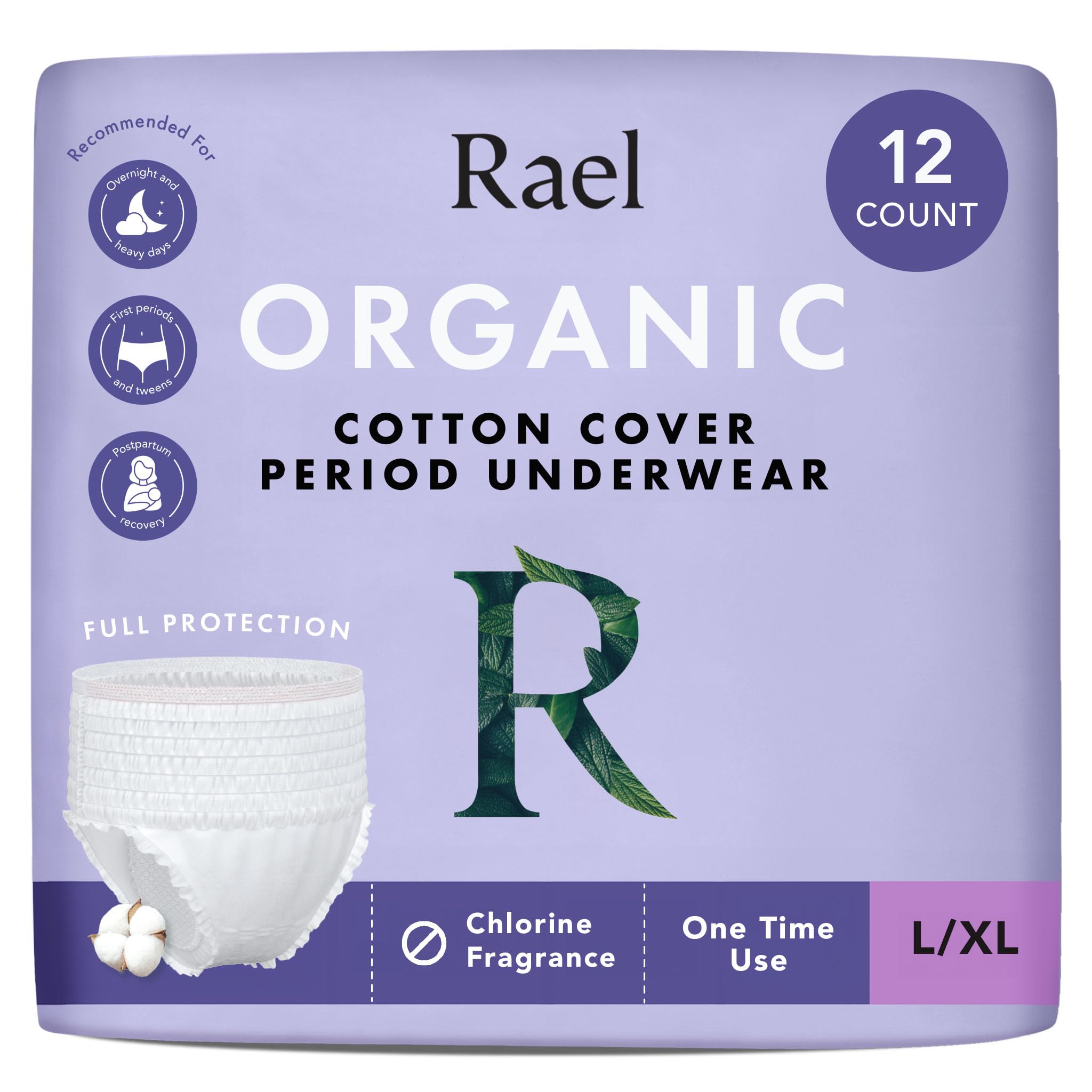Rael Disposable Underwear for Women, Organic Cotton Cover - Postpartum Essentials, Leak Locker, Unscented, Maximum Coverage (Size L-XL, 12 Count)