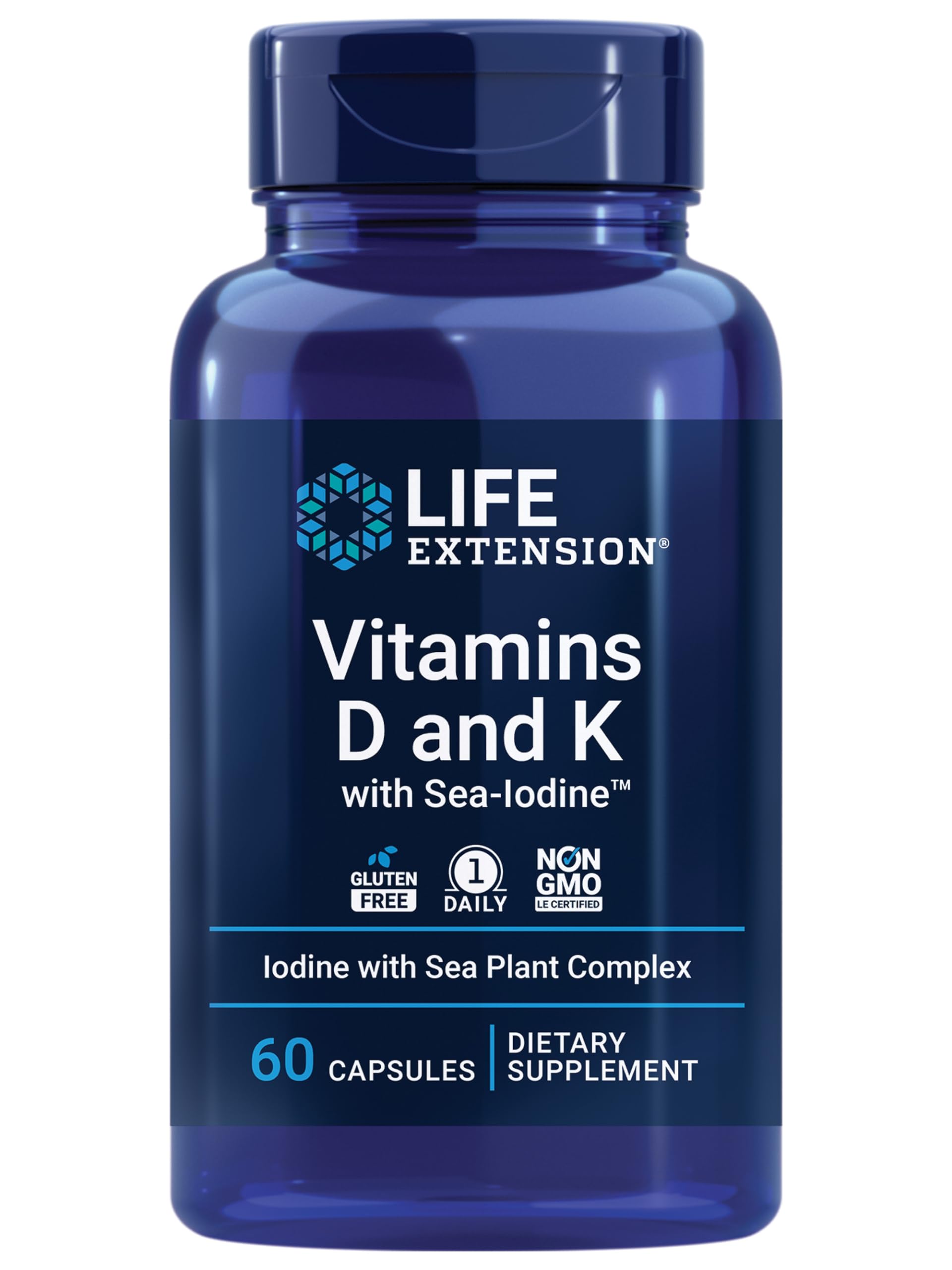Life Extension Vitamins D and K with Sea-Iodine, Vitamin D3, Vitamin K1 and K2, Iodine, Supports Immune, Bone, arterial and Thyroid Health, Non-GMO, Gluten-Free, 60 Capsules