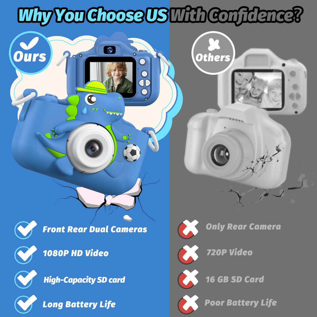 Dinosaur Kids Camera for Boys Girls, Toddler Digital Selfie Camera with Cute Protective Cover and SD Card, Christmas Birthday Gifts Toys for 3 4 5 6 7 8 9 10 11 12 Years Old Little Girls and Boys
