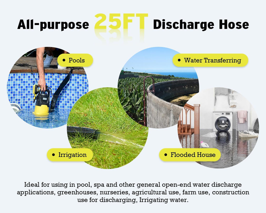 6699 Discharge Hose 1-1/2-Inch by 25-foot Sump Pump Hose with 2pcs SUS 304 Clamps Pool Backwash Hose for Draining/Removing Water Lay Flat Hose 1525