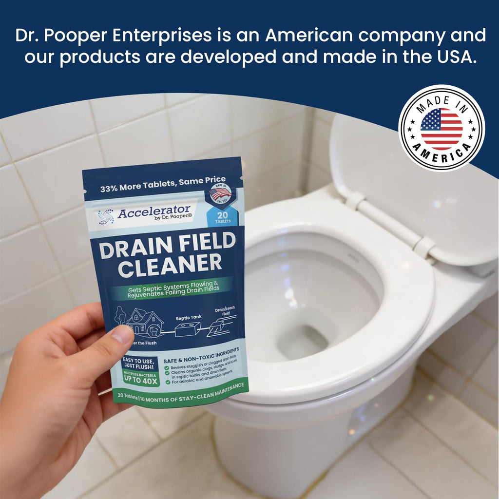 Accelerator by Dr. Pooper Drain Field Cleaner Tablets (20 Count) - Septic Tank Treatment for Clogs, Odor & Sludge - 90% Less Plastic - 10 Month Supply - Aerobic & Anaerobic Systems - Easy Flush