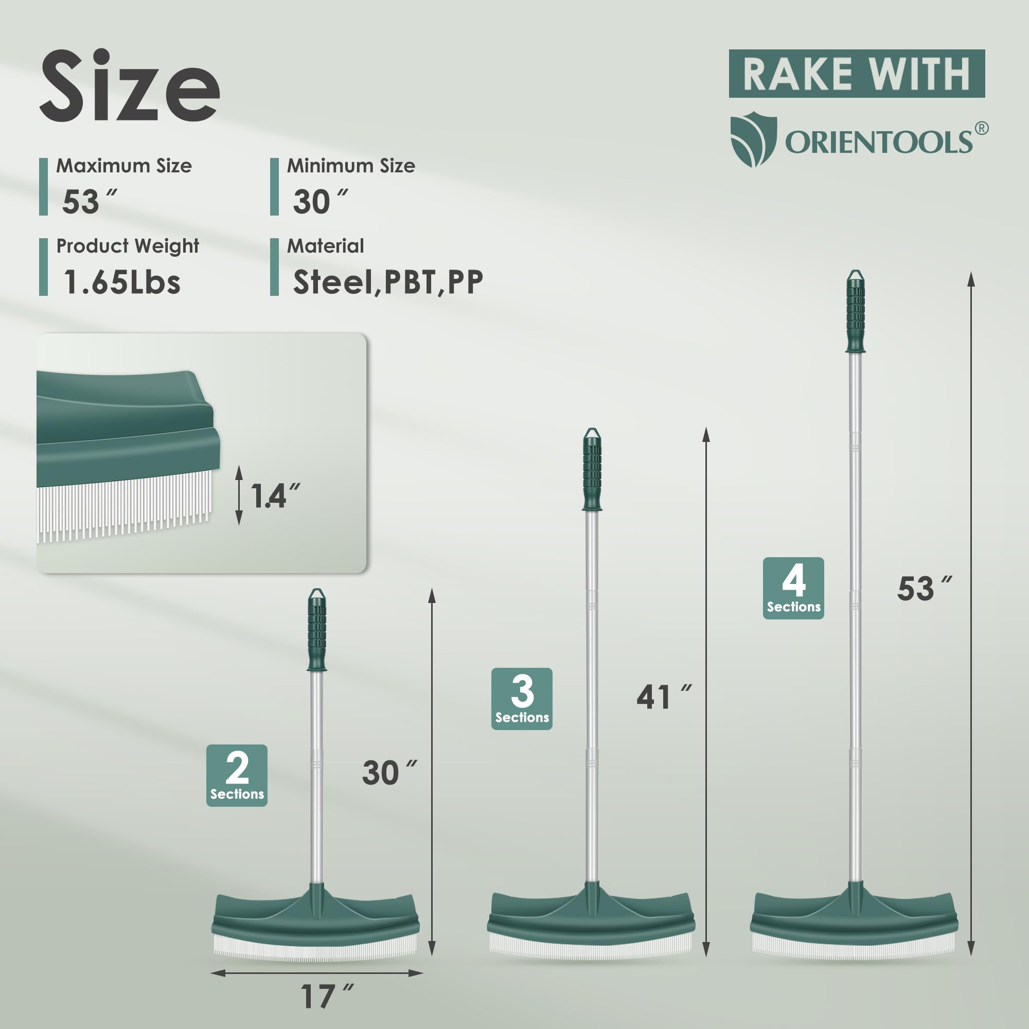 ORIENTOOLS Artificial Turf Rake, Curved Grass Rake with 4-Section Adjustable Steel Handle from 30" to 53", Hand Telescopic Brush, for Artificial Turf, Patios, Carpets, Pet Hairs and Garden Lawn Clean