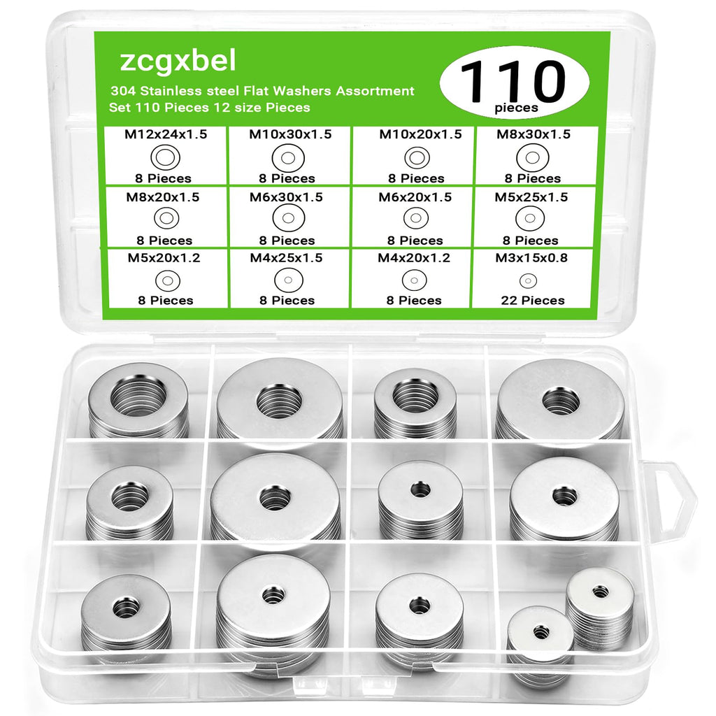 110 Pcs 304 Stainless Steel Metal Flat Washers for Screws and Bolts, Fender Washers Assortment Kit (12 Sizes M3-M12) for Automotive, Industrial & Home Use