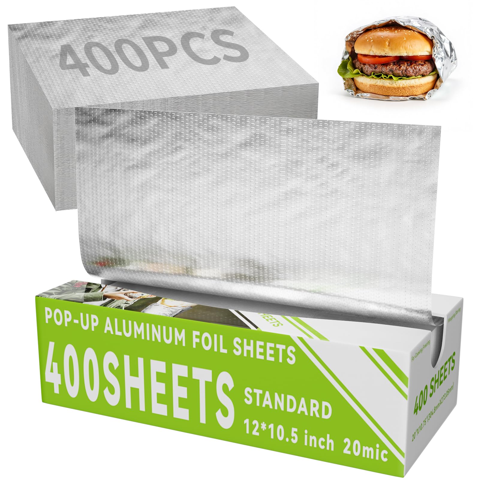 Aluminum Foil Sheets, 400 Count Tin foil,12" x 10.5" Pre-Cut Pop-Up Dispenser for Food Wrap, Hot Dog or Sandwich Wrap,Food Storage, Baking, Catering, Restaurant,Kitchen Use (Silver, 12 Inch)