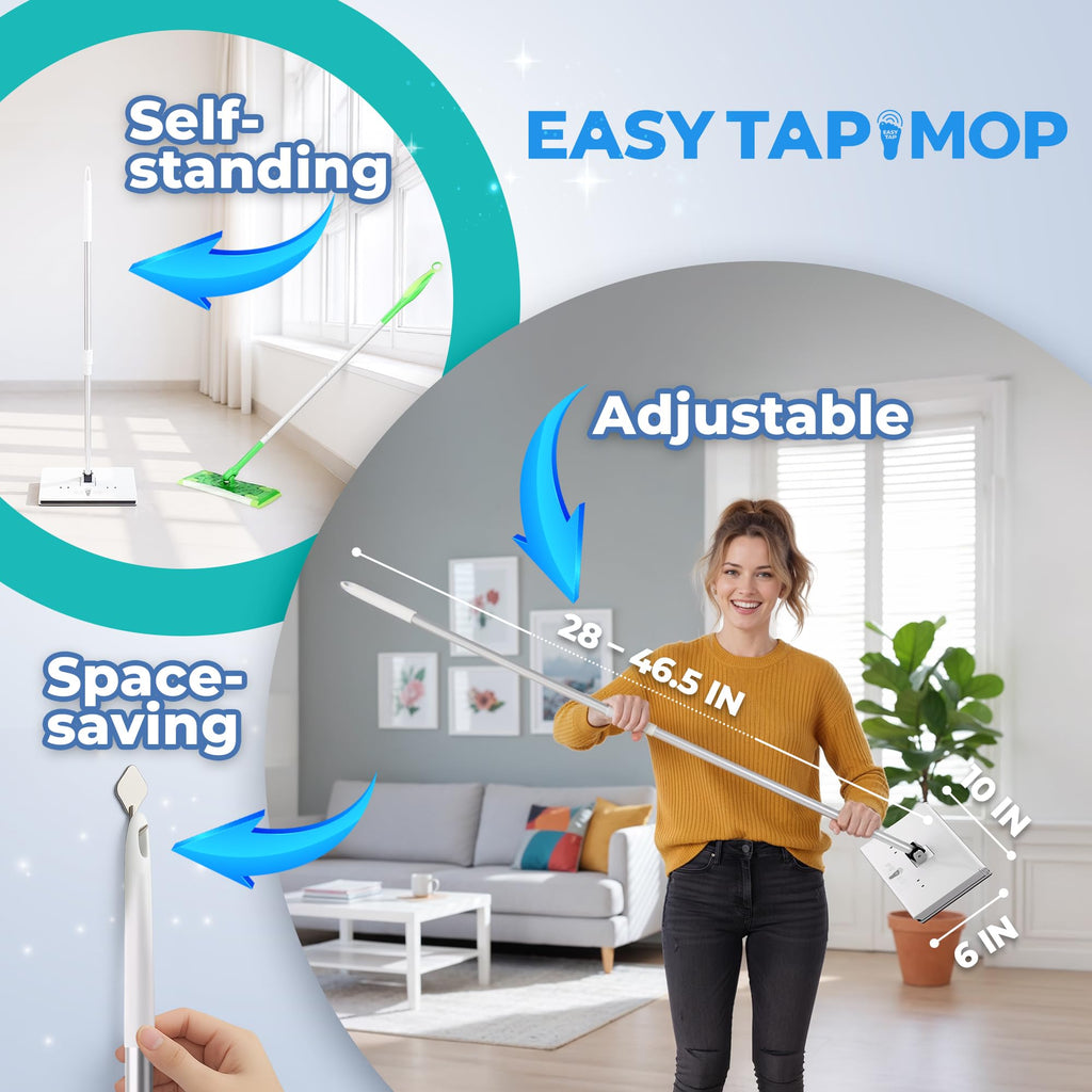 EASY TAP MOP Hands-Free Flat Floor Mop & Sweeper - Foot-Tap Lock System Compatible with Most Pads - 360 Swivel & Adjustable Aluminum Handle - Includes Baking Soda Wet Wipes & 3D Microfiber Cloth
