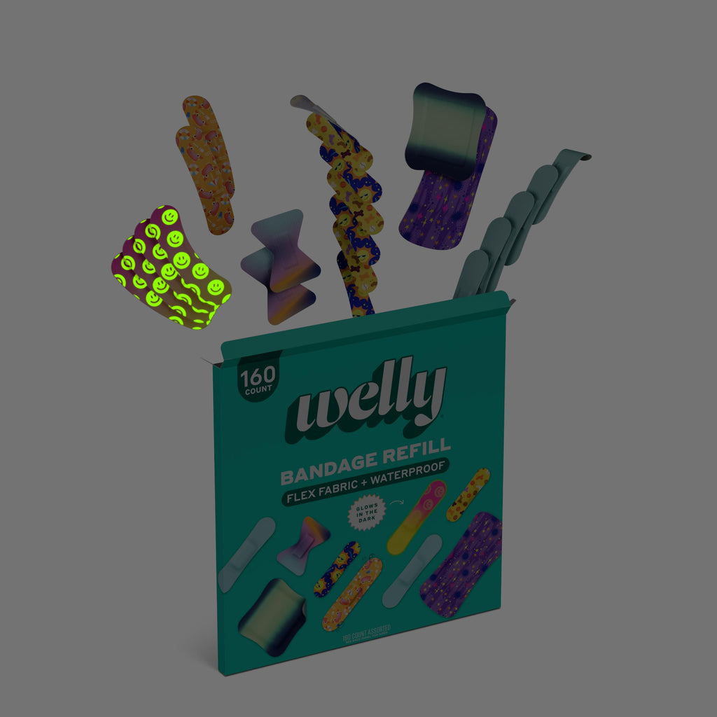 Welly Bandage Large Refill Pack | Adhesive Flexible Fabric, Glow-in-the-Dark & Waterproof Bandages | Assorted Shapes and Patterns for Minor Cuts, Scrapes, and Wounds - 160 Count