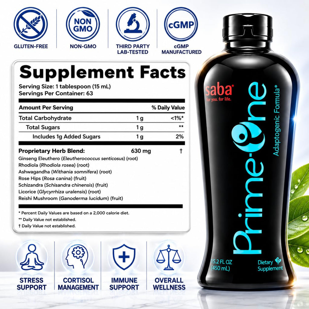 HerbFuse Saba Prime One Liquid Adaptogen Blend with Ashwagandha, Rhodiola, Reishi, Ginseng & Eleuthero - Herbal Supplement, 32 Fl Oz, 63 Servings