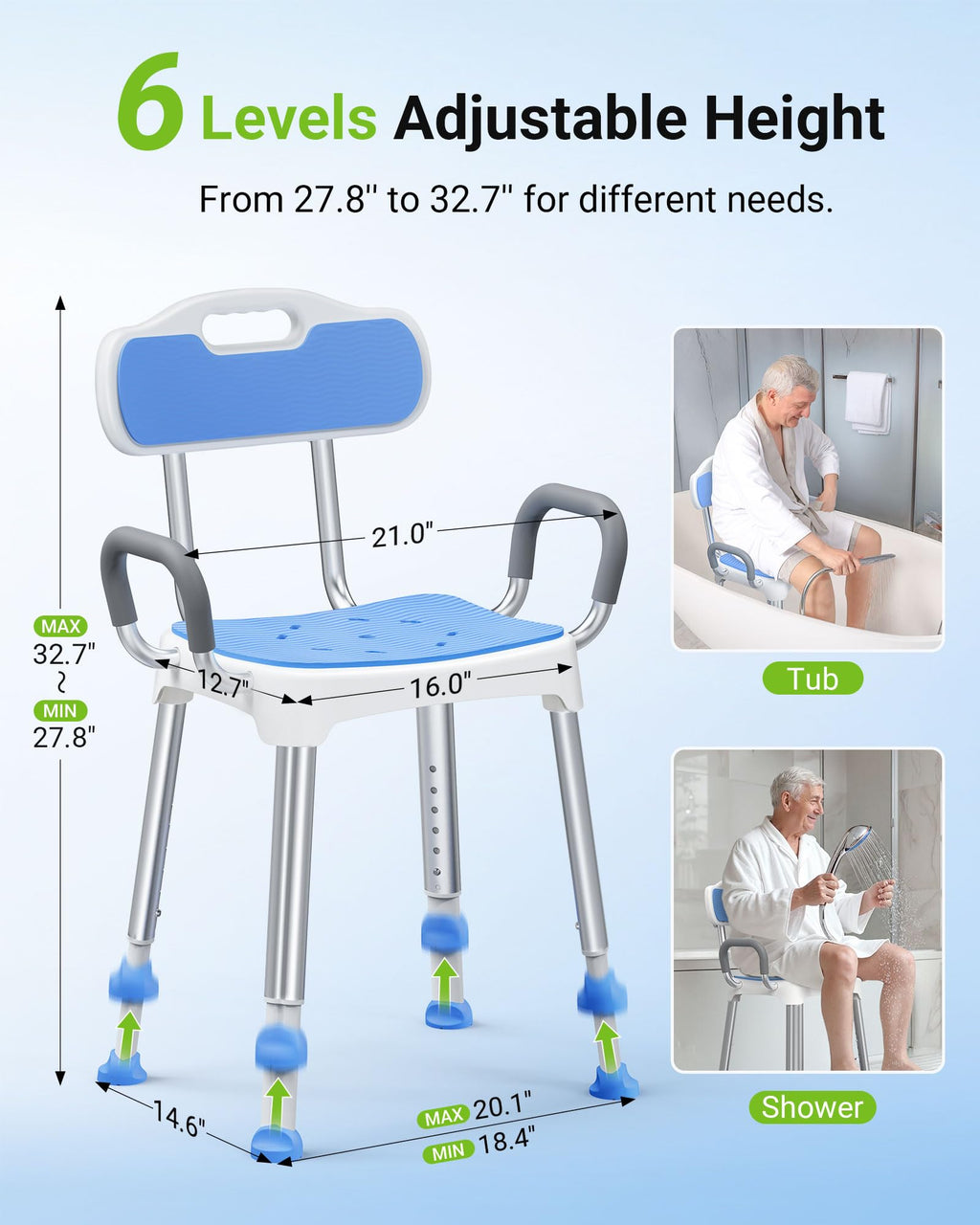 Widened Shower Chair for Inside Shower with Padded Back & Arms,400 lbs Heavy Duty & Adjustable Shower Chair for Elderly and Disabled, Non-Slip Shower Seat, Bath Chair for Tub