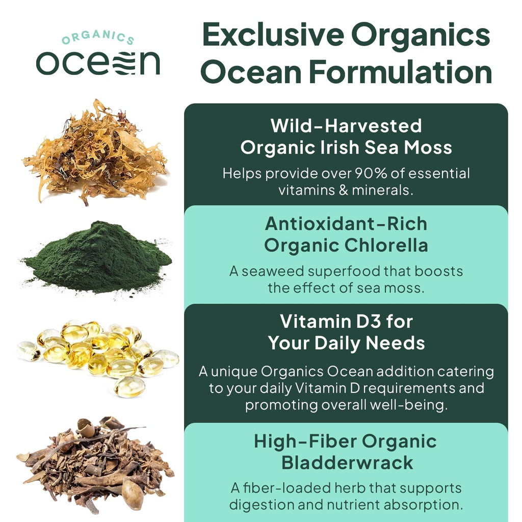 Organics Ocean Wild Sea Moss Capsules - 100% Organic Irish Sea Moss with Organic Chlorella, Bladderwrack and Vitamin D for Energy, Lung Health and Thyroid Support for Women and Men - 60 Capsules