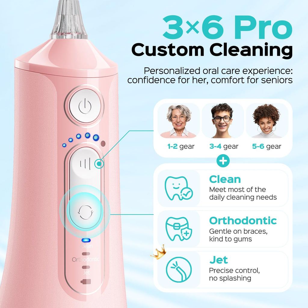 COSLUS C51 Portable Water Flosser for Teeth: 3 Modes & 6 Pressure Settings with Jet Mode Water Dental Pick for Orthodontic, Braces, Sensitive Gums, Compact for Travel, for Multiple Users, ADA Accepted