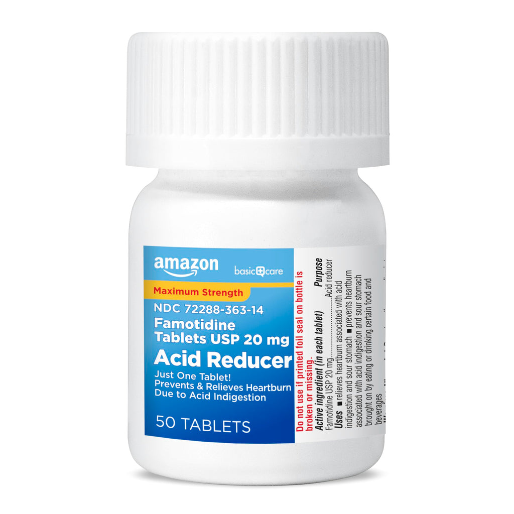Amazon Basic Care Maximum Strength Famotidine Tablets 20 mg, Acid Reducer for Heartburn Relief, Prevents & Relieves Acid Indigestion, Heartburn Medicine, 50 Count