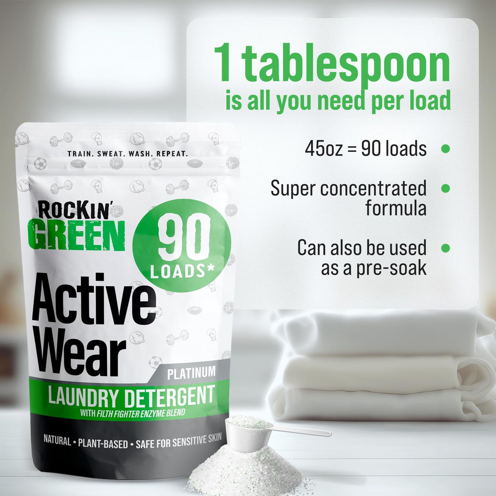 Rockin’ Green Active Wear Laundry Detergent - Unscented Laundry Detergent Powder & Odor Eliminator - Workout Clothes & Sportswear - Safe for Sensitive Skin - 90 Loads