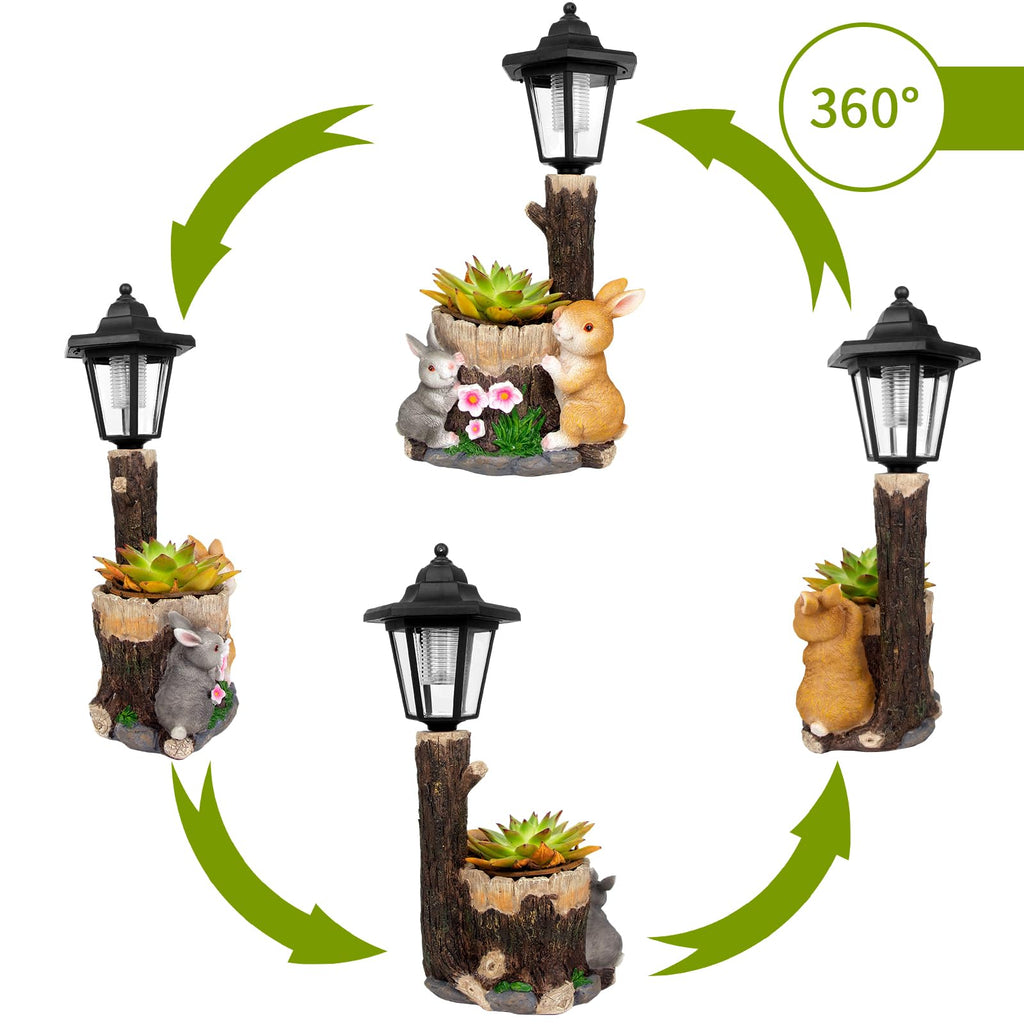 Solar Bunny Statue Outdoor, Rabbits Figurine with Flowerpot & Lantern