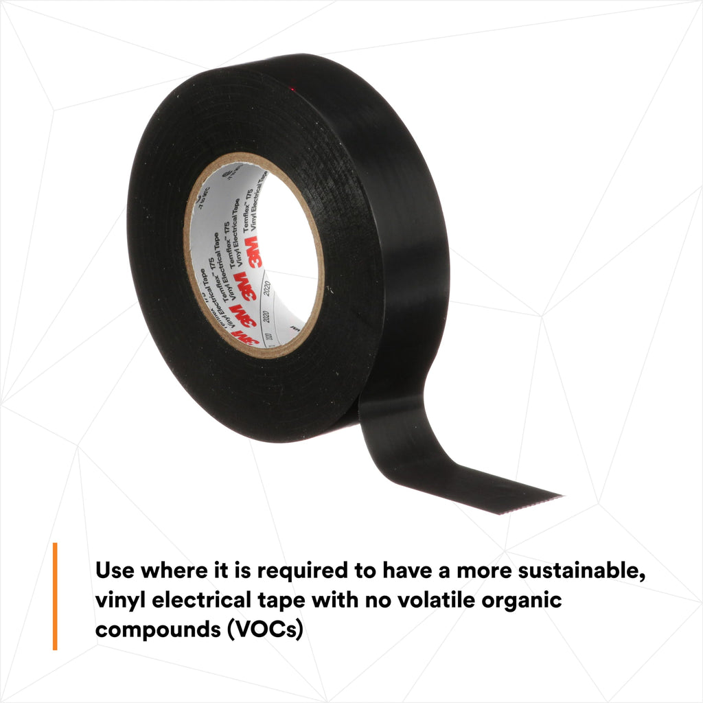 3M Temflex Vinyl Electrical Tape 175, Flame Retardant, Pressure-Sensitive Adhesive, Electrical and Mechanical Protection, Black, 7 mil, 3/4 in x 60 ft, 10 Rolls
