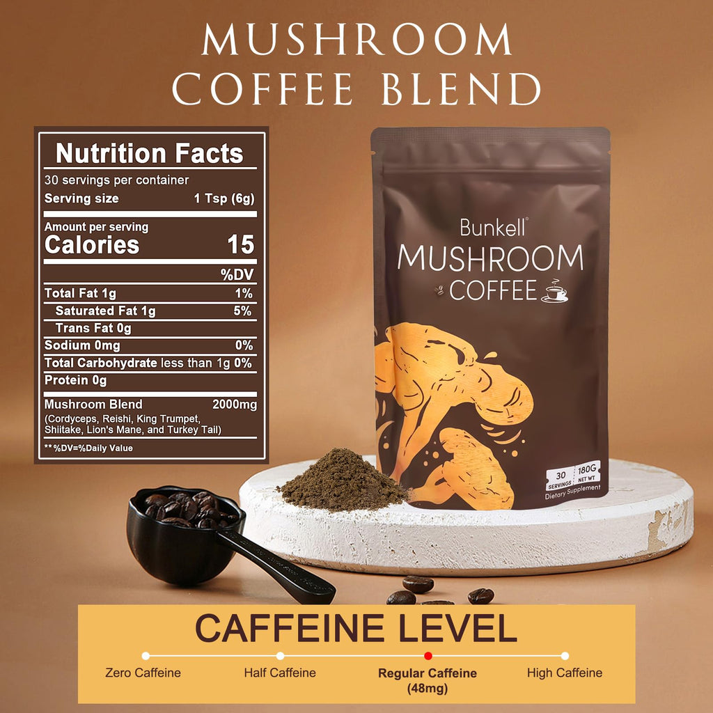 Bunkell Mushroom Coffee, Adaptogenic 6 Mushrooms with Lion's Mane, Reishi, Cordyceps, Shiitake, King Trumpet & Turkey Tail, Instant Coffee Powder for Energy, Digestion & Immune Support, 30 Servings