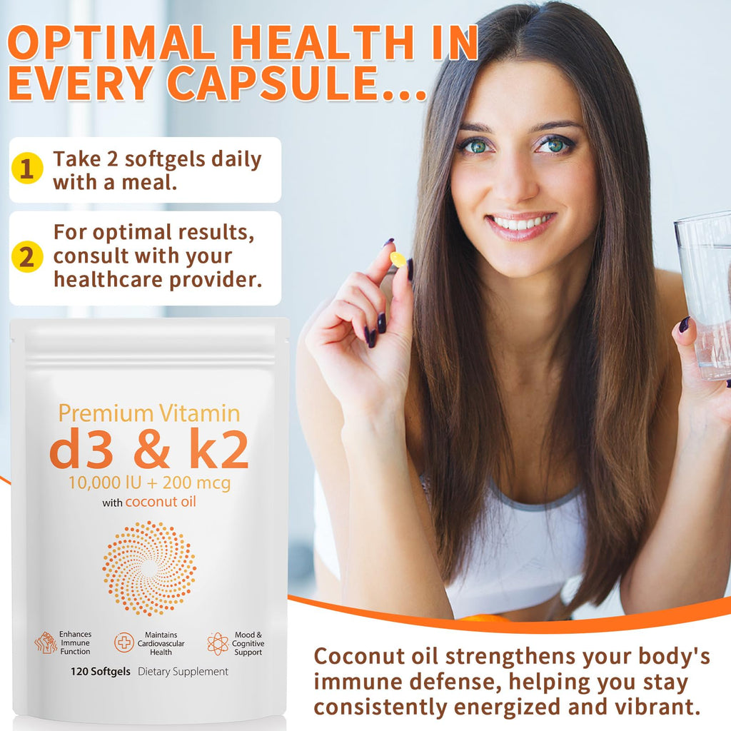 D3 K2 Vitamin 10000 IU - 240 Virgin Coconut Oil Softgels, 2 in 1 Vitamin D & K Complex Supplement Softgel - Immune Support and Calcium Absorption, Bone and Heart Health (240 Count (Pack of 2))