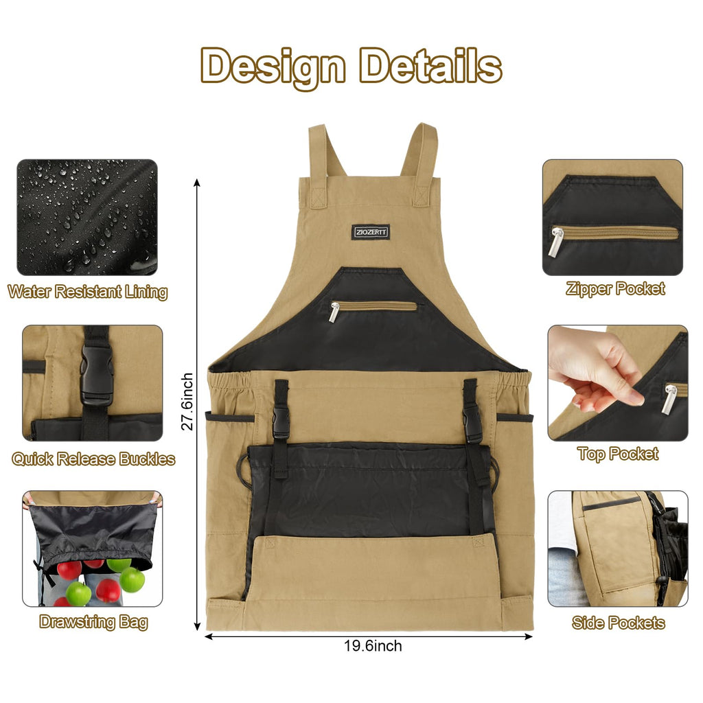 ZIOZERTT Garden Apron,Harvest Apron with Drawstring Bag and Pockets for Women and Men,Canvas Gardening Tool Belt, Gardening Gifts for Mom,Dad,Brown