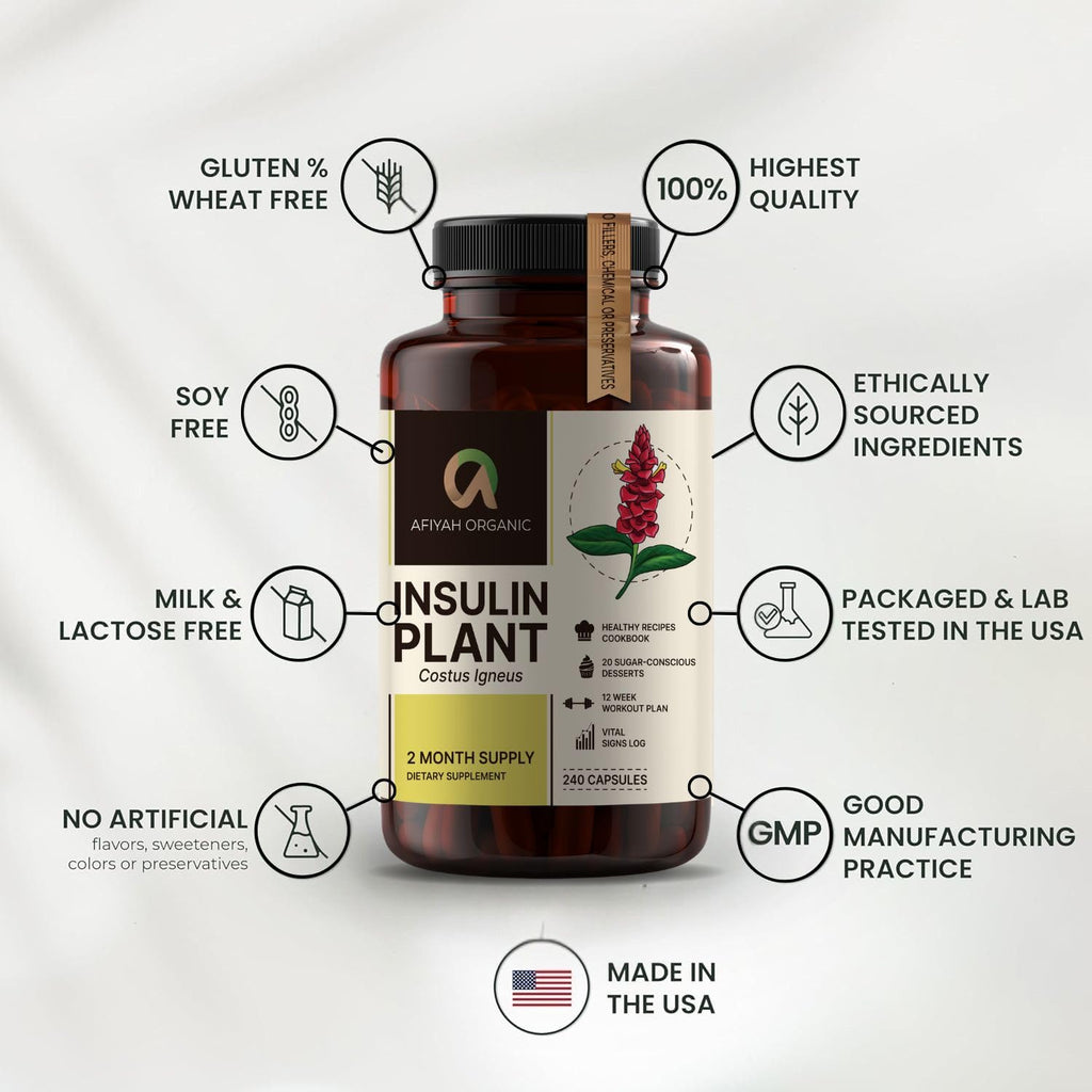Afiyah Organic - Premium Quality Costus Igneus (Insulin Plant) Capsules - Easy to Swallow 240 Veggie Capsules (2 Month Supply) - Made in the USA - Including Complete Health Support Program