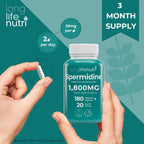 LongLifeNutri Spermidine 20mg, Supports Cellular Health & Brain Function - 180 Count, 2 Serving Size, Vegan Capsules, Wheat Germ Extract, Naturally Support Wellness, Lab Tested, Crafted in USA