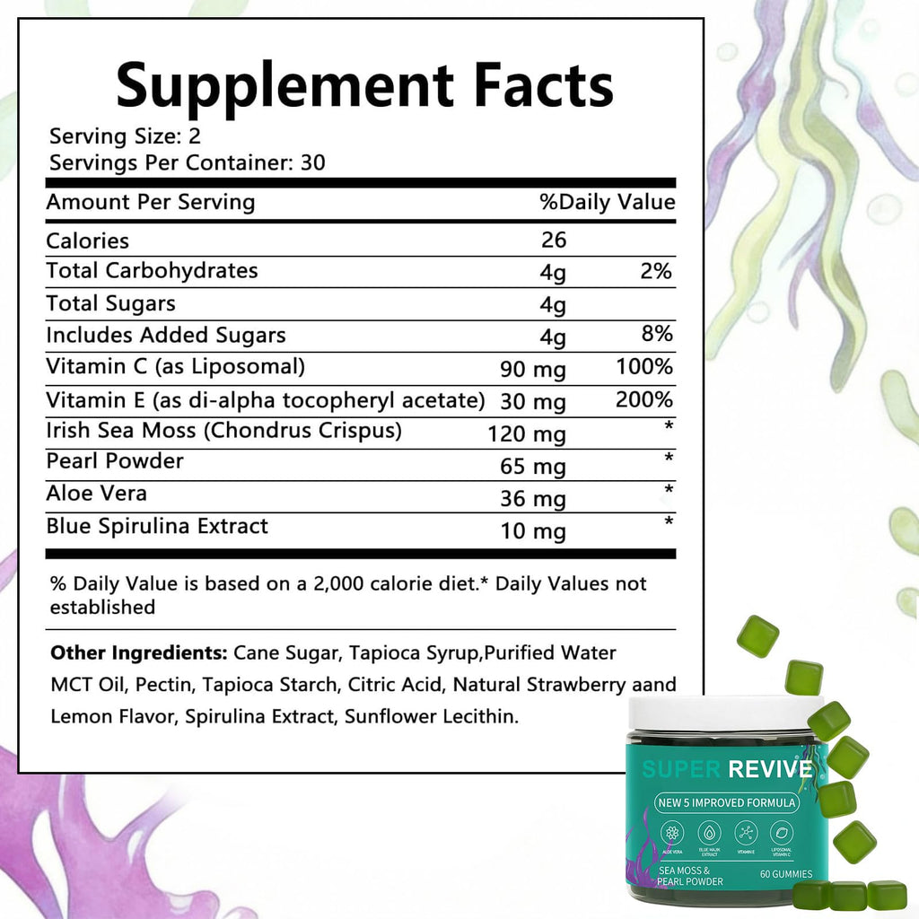 caicieter Super Revive Gummies for Hair Loss - Sea Moss Gummies with Vitamin C, E, Aloe Vera & Pearl Powder Glow, Promotes Thicker, Fuller & Stronger Hair - 60 Count