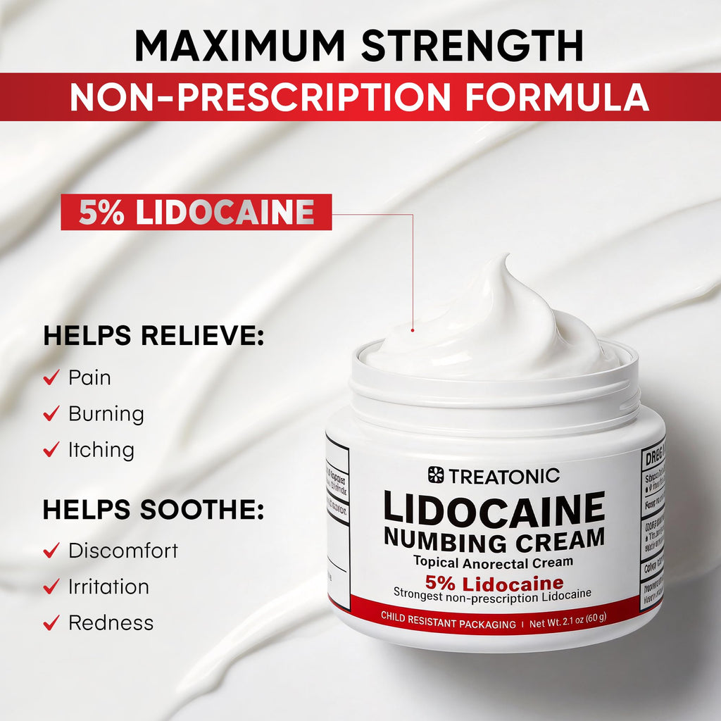 Treatonic 5% Lidocaine Numbing Cream: Lidocaine Cream Maximum Strength for Pain Relief, Itching, Burning, Soreness, Hemorrhoid - Fast Acting & Long Lasting Numbing - 2.1 oz (2-Pack)