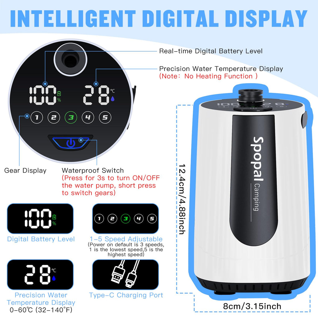 Spopal Portable Shower for Camping, [Upgraded] 10000mAh Rechargeable Camping Shower with 5 Adjustable Speeds,Premium LED Display, IPX8 Waterproof Outdoor Shower Kit for Hiking, Car, Pet, Travel (W)