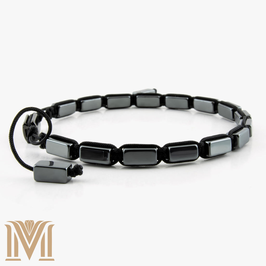 Mana Gallery Genuine Hematite Bracelet for Men & Women – Adjustable Macrame Sliding Knot – Metallic Gray Rectangular Beads – Minimalist Grounding & Protection
