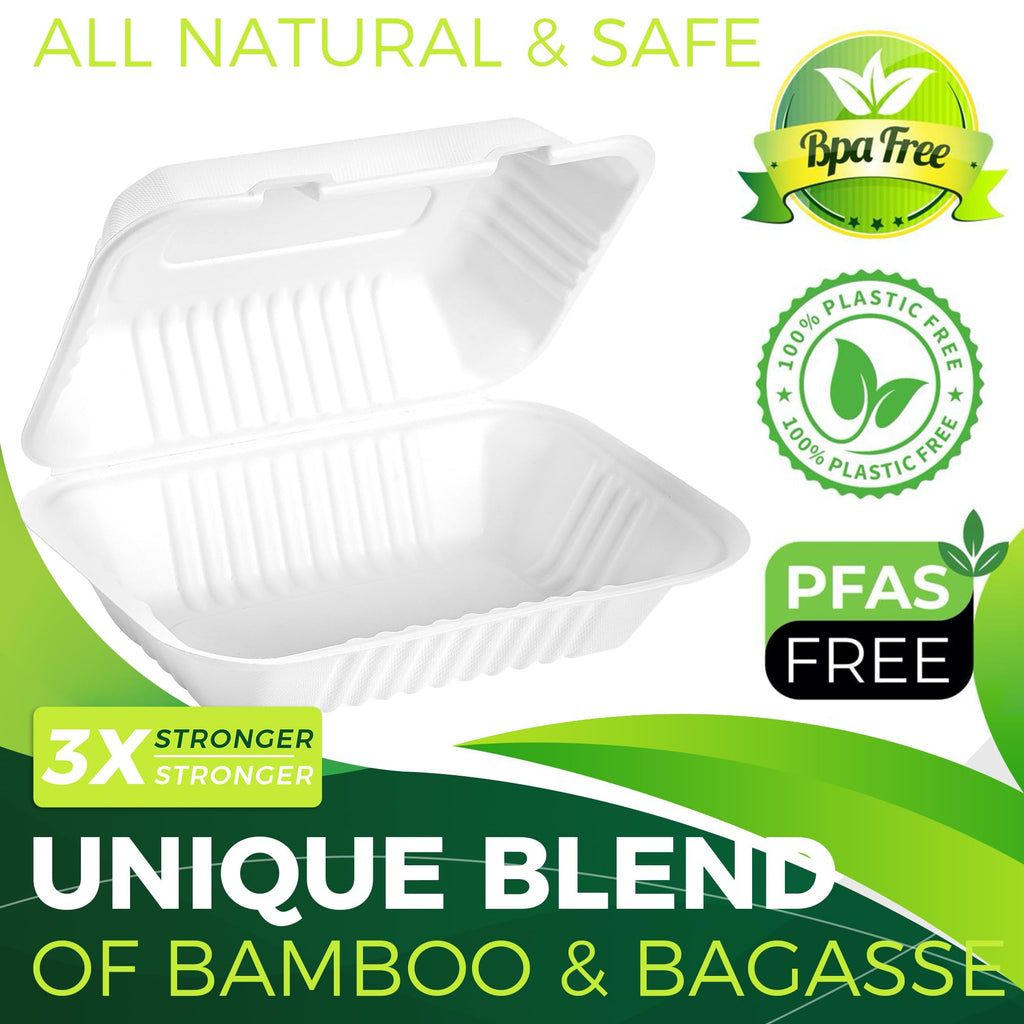 BIRCHIO 75 Pack 9”x6” Take Out Containers with Lids, EXTRA Sturdy To Go Food Containers, 100% Compostable Clamshell Take Out Containers, To Go Boxes for Food