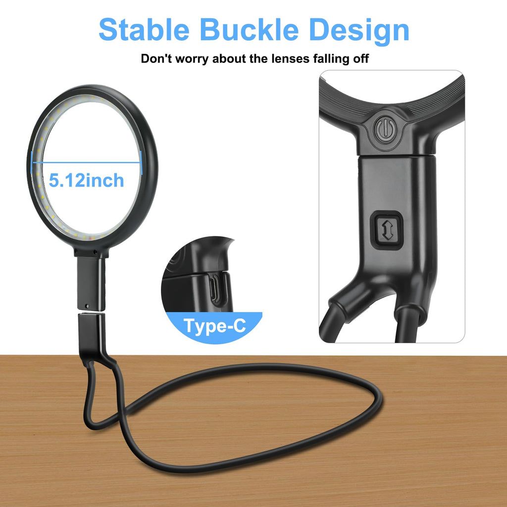 Neck Magnifier Hands Free with Light, 10X 5.2 Large Magnifying Glass with 36 LED Light, Flexible Gooseneck for Close Work Reading Sewing Senior (Black)