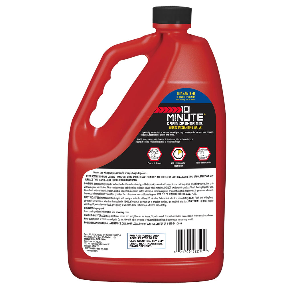 Zep 10 Minute Drain Opener Gel 1 Gallon (Case of 4) ZHCR128NG - Commercial Strength, Fast Acting and Safe for All Pipes